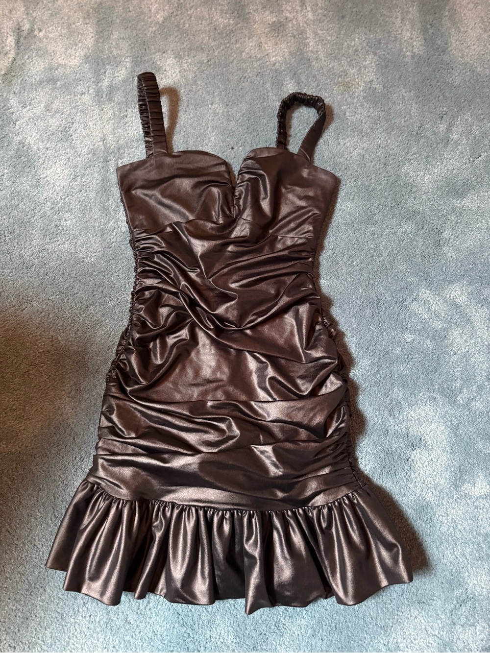 Athina Satin Ruched Ruffle-Hem Mini Dress in black